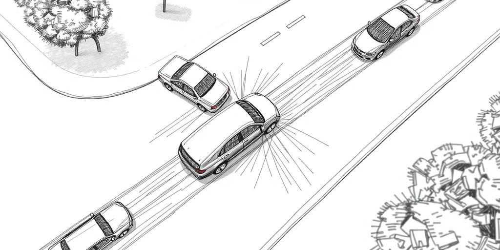 Skizze eines Verkehrsunfalls mit Fahrzeugen und Umgebung.