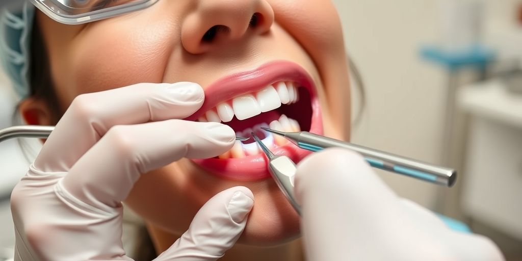 Dentist placing inlay into patient's tooth