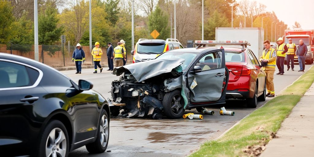 Unfallort mit beschädigten Fahrzeugen und Einsatzkräften.