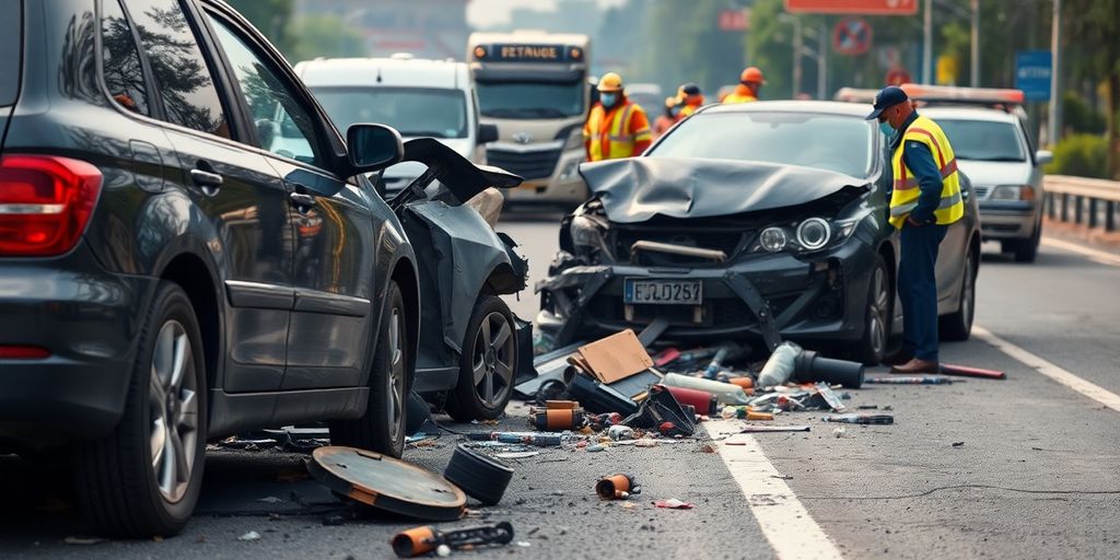 Unfallstelle mit beschädigten Fahrzeugen und Rettungskräften.