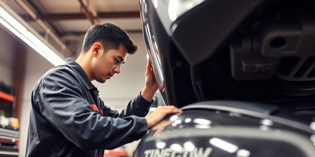 TÜV-Prüfung: Mechaniker prüft Auto in einer Werkstatt.