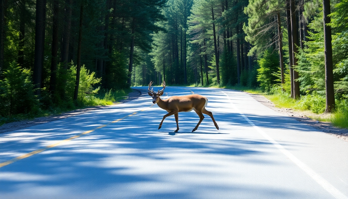 Wildunfall: Reh überquert eine Straße im Wald