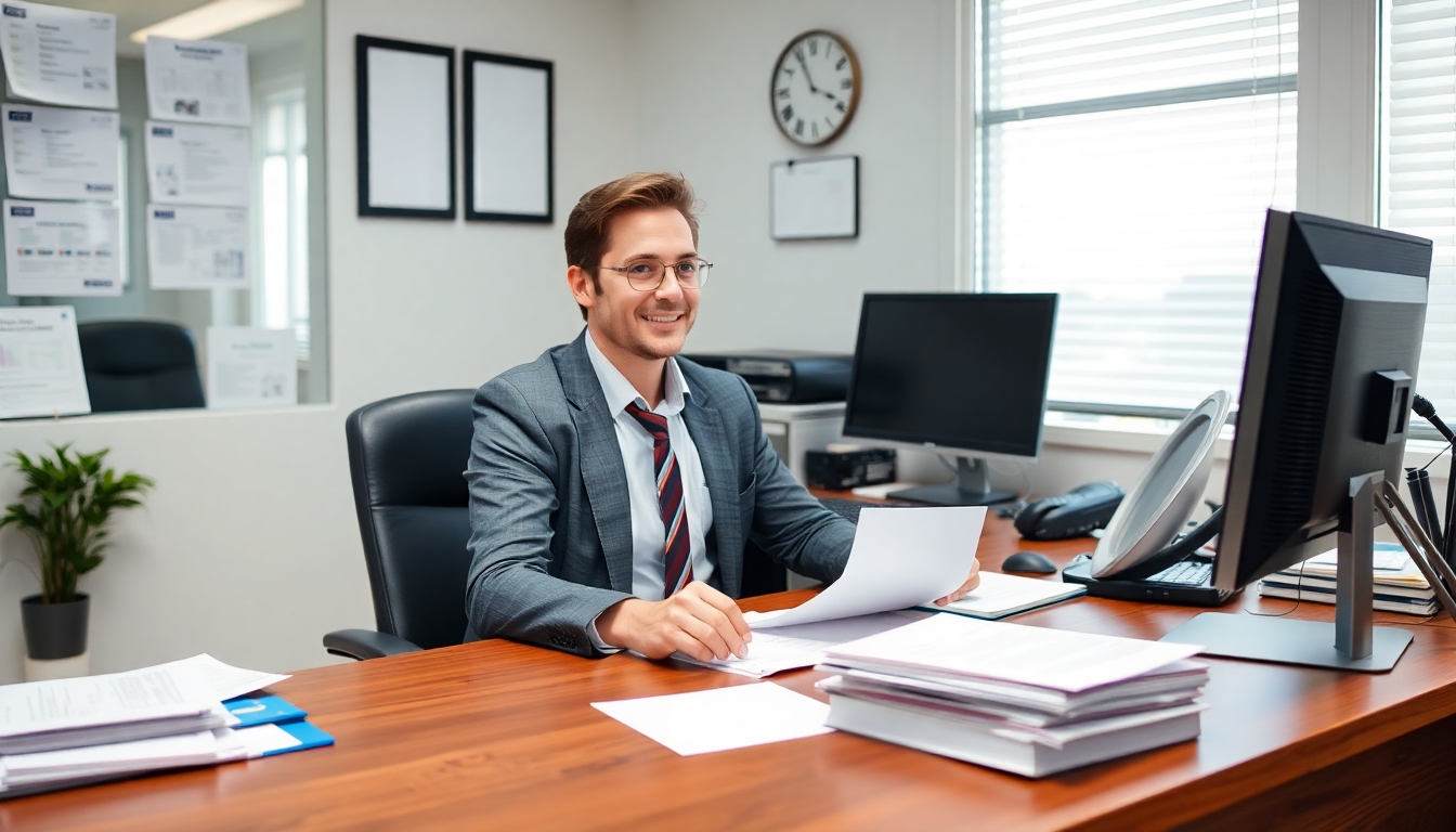 Insurance agent at desk in an office setting.