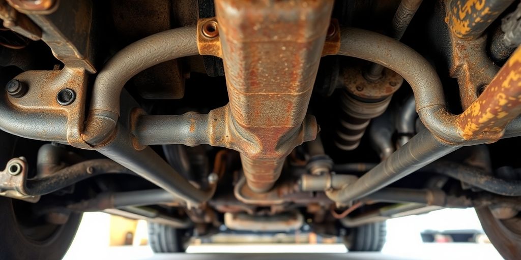 Unterbodenschaden eines Autos mit Rost und Schäden.