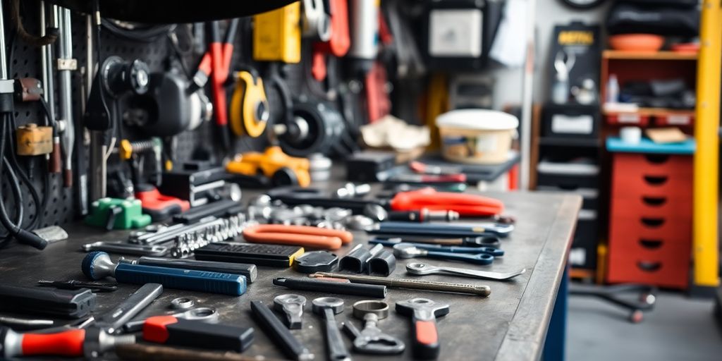 Werkstatt mit Werkzeugen und Autoteilen auf dem Tisch.