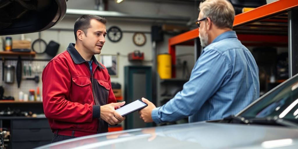 Mechaniker spricht mit Kunde in Werkstatt.
