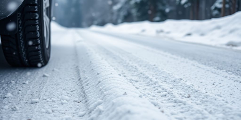 Nahaufnahme von Winterreifen auf einer verschneiten Straße.