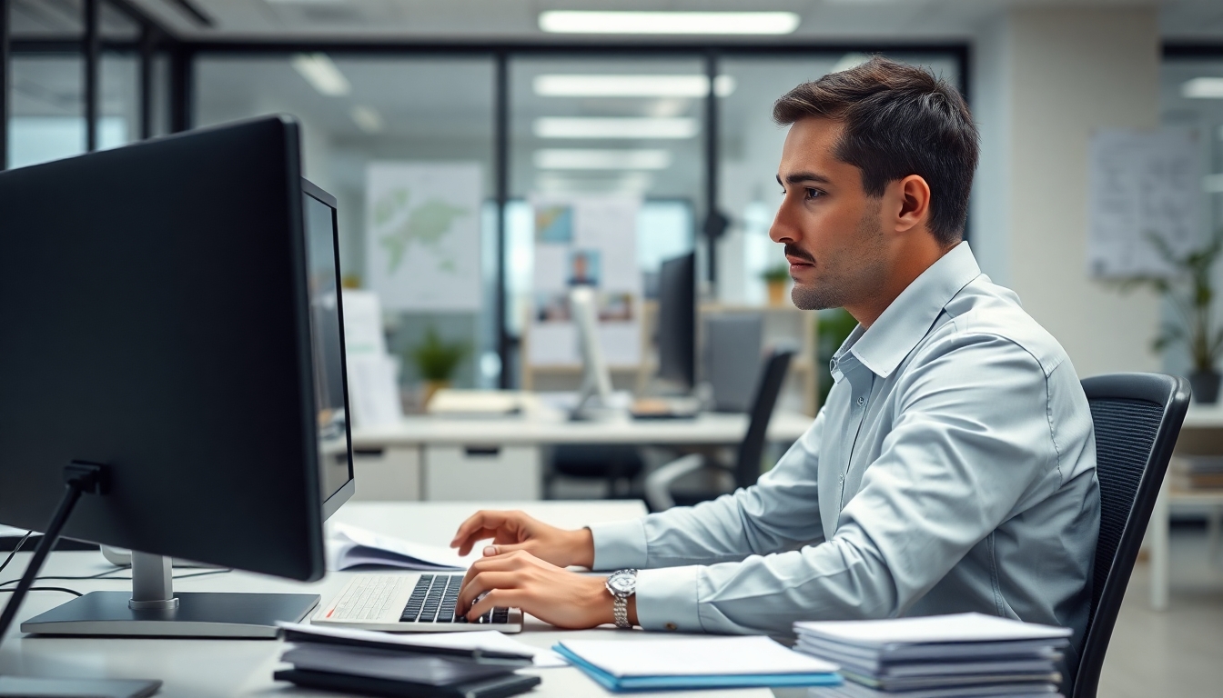 Employee working at a computer in a modern office.