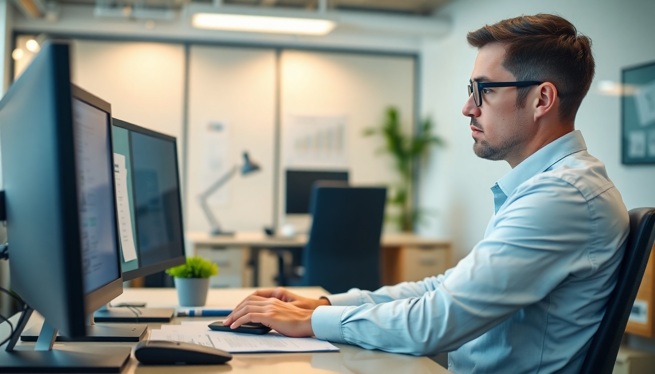 Employee working on a computer in a modern office.