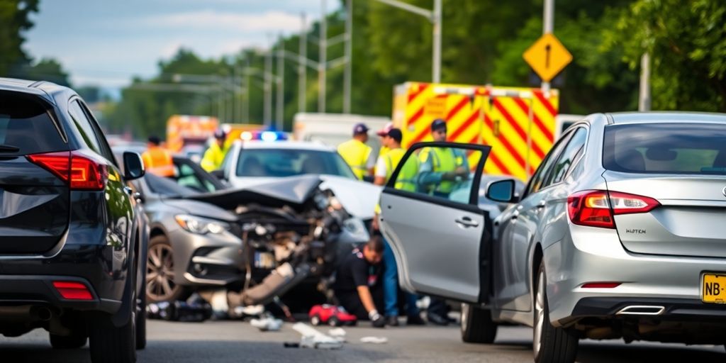 Verkehrsrechtsschutz: Unfall mit Fahrzeugen und Einsatzkräften vor Ort.