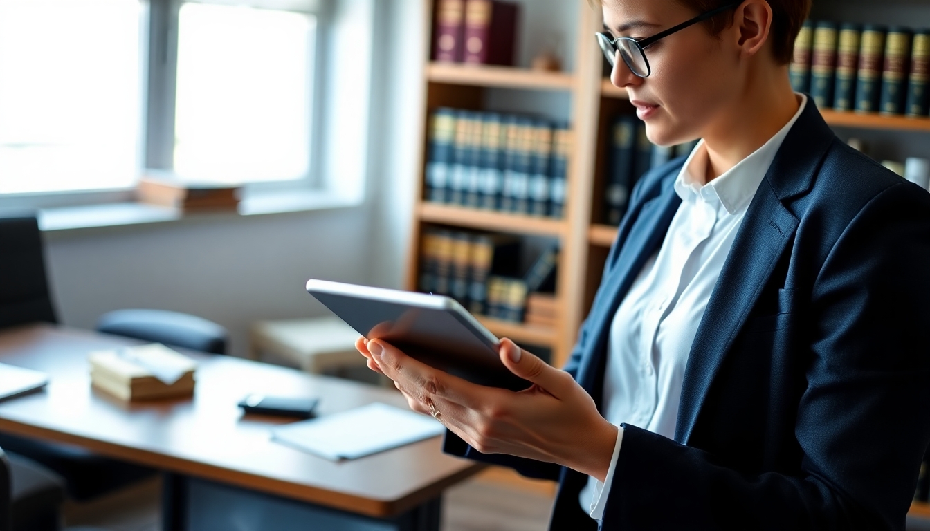 Lawyer with tablet discussing traffic law.