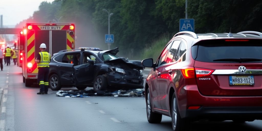 Unfall mit beschädigten Fahrzeugen und Rettungskräften.