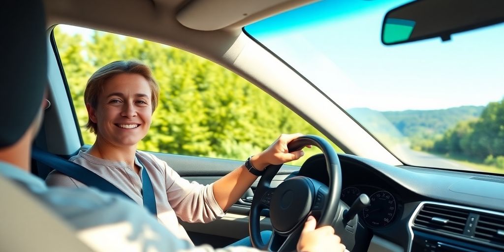 Alleinfahrer auf einer malerischen Straße im Auto.