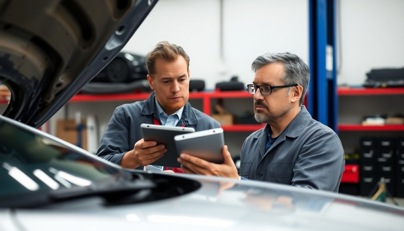 Automotive expert with tablet assessing vehicle damage.