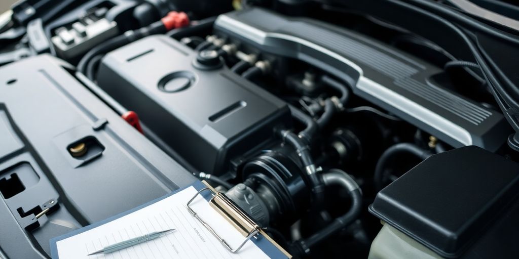 Nahaufnahme eines Autoteils mit Werkzeugen und Notizblock.