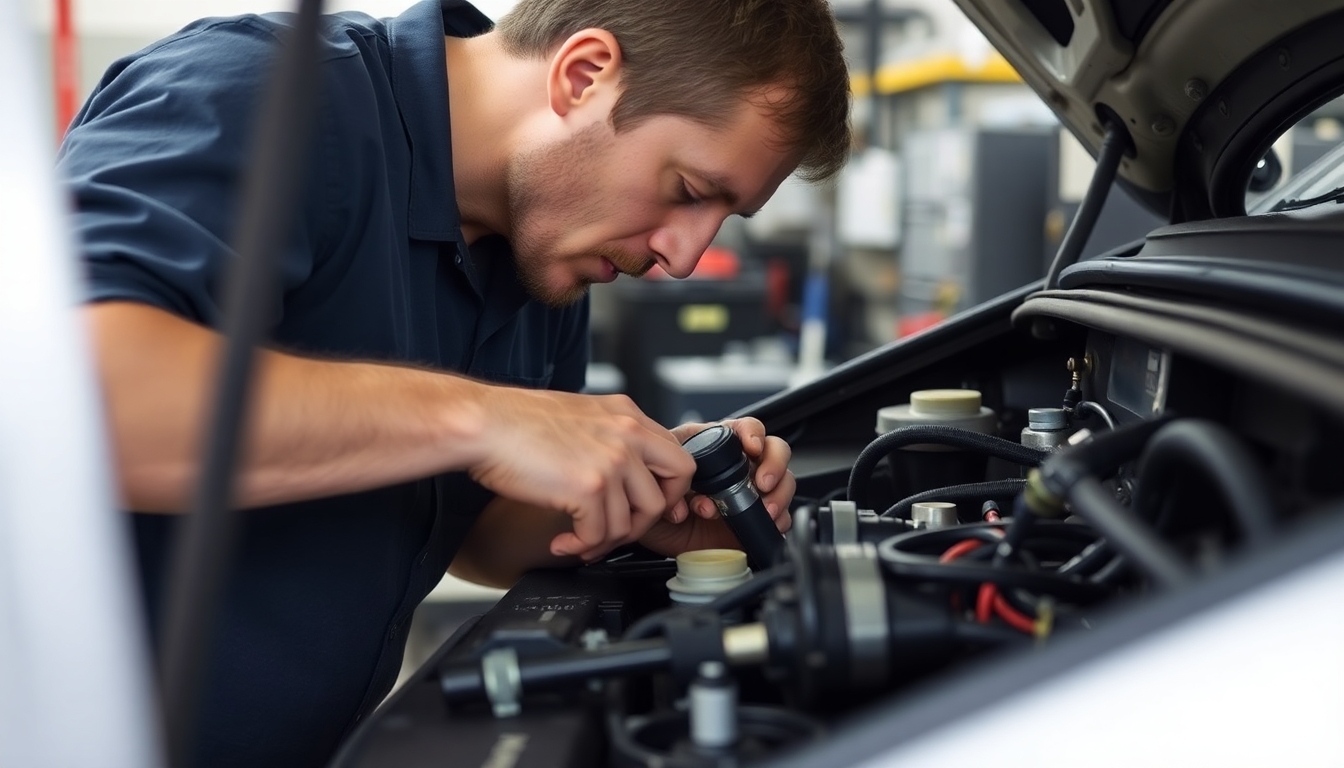Mechanic inspecting ignition system in workshop.