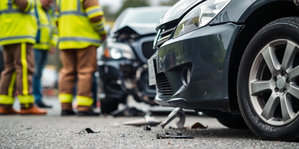 Unfallauto mit Rettungskräften im Hintergrund.