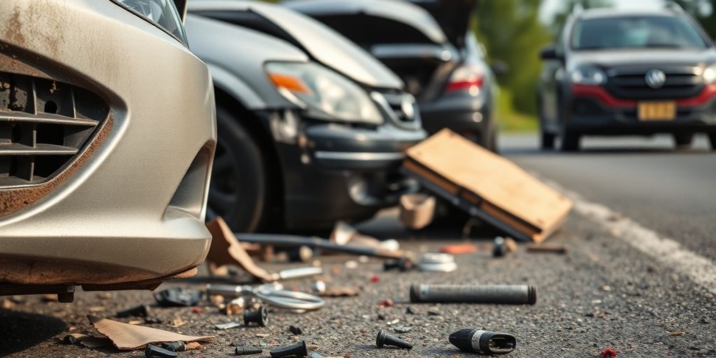 Unfallstelle mit beschädigten Fahrzeugen und Trümmern.