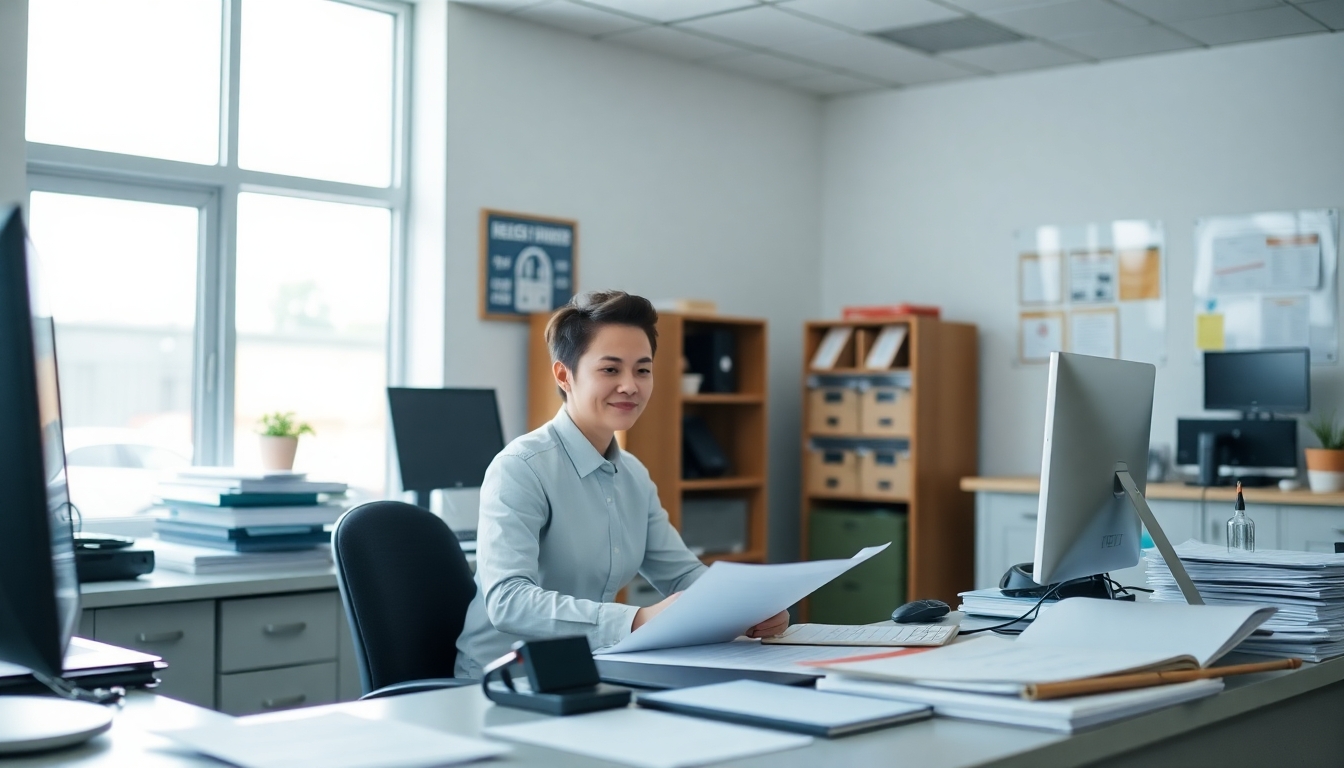 Clerk in a bright office handling vehicle registration tasks.