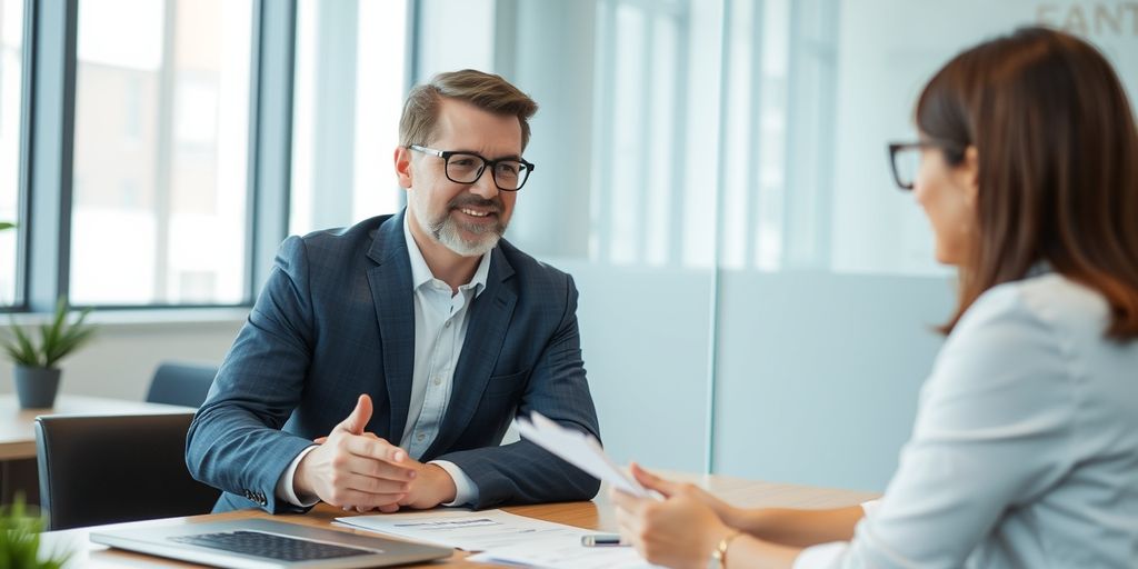 Business owner and agent discussing insurance options