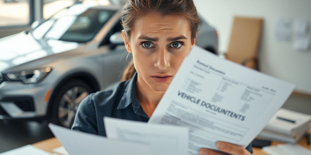 Besorgte Person mit Fahrzeugpapieren in der Hand.