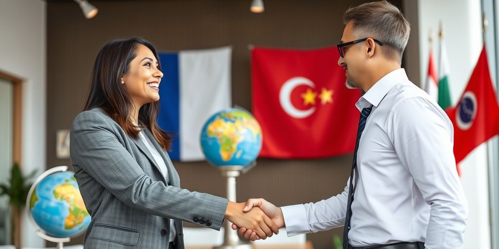 Businessperson shaking hands with foreign client in office.