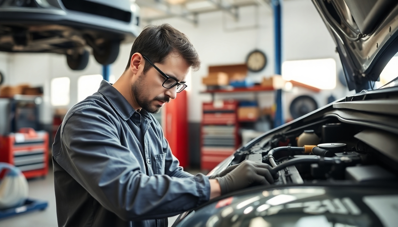 Mechanic working in a bright workshop on a vehicle.