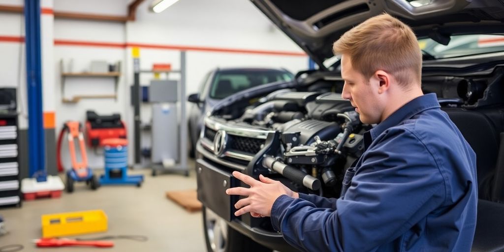 Mechaniker prüft Leasingfahrzeug in der Werkstatt.