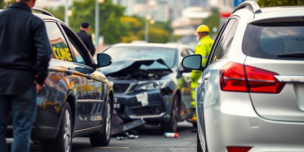 Unfallstelle mit beschädigten Fahrzeugen und Rettungskräften.