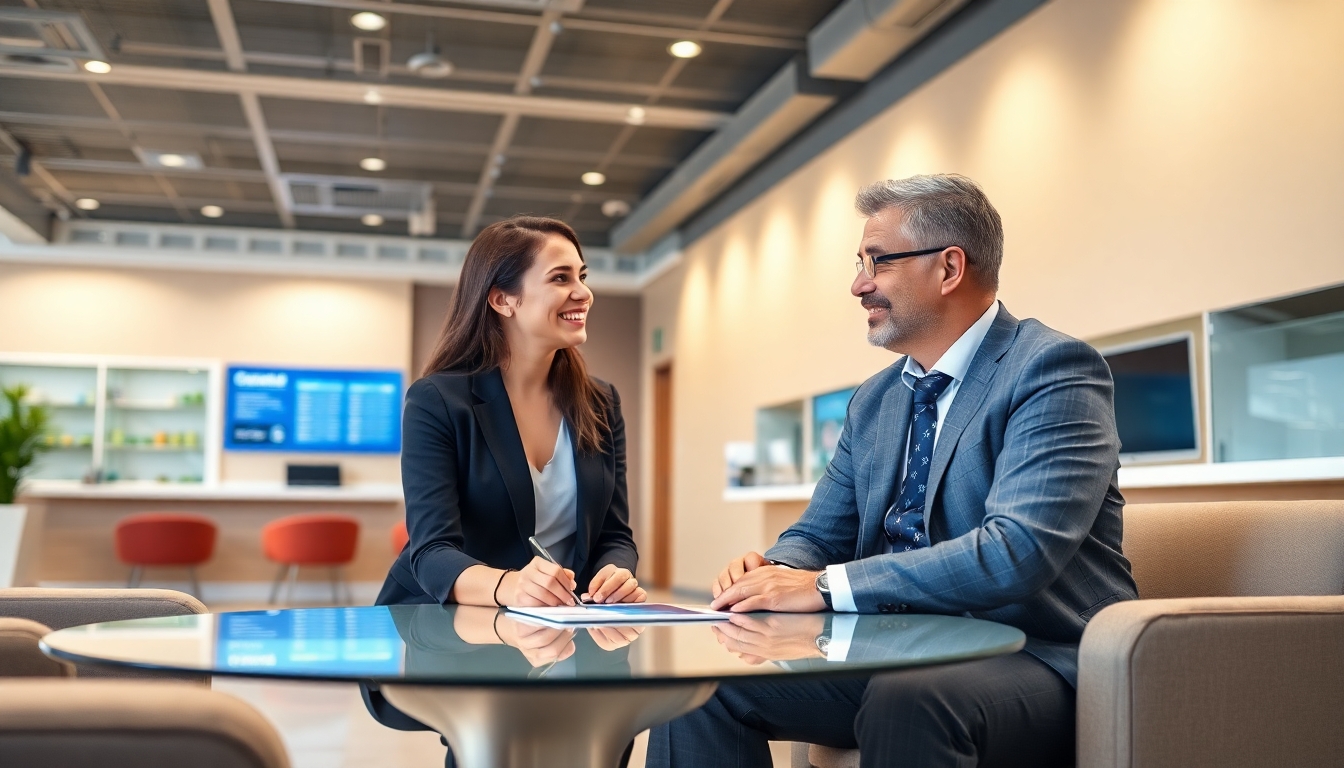 Bank advisor and customer in a modern bank setting.