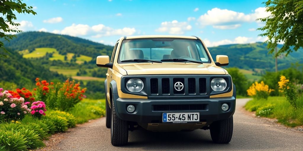 Saisonkennzeichen: Ein saisonales Fahrzeug in einer malerischen Landschaft.