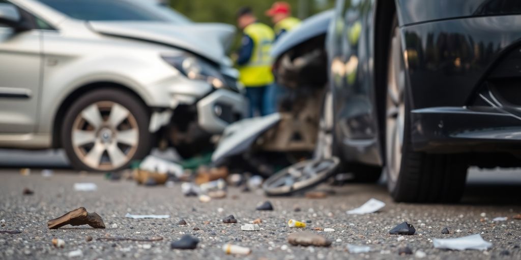 Unfallanalyse: Unfallstelle mit beschädigten Fahrzeugen und Trümmern.