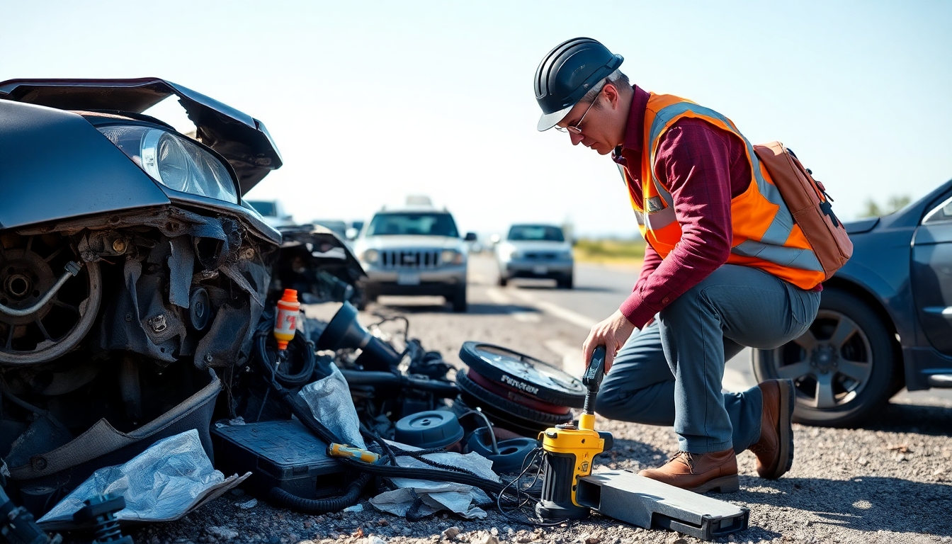Accident analyst at a crash site, assessing evidence.