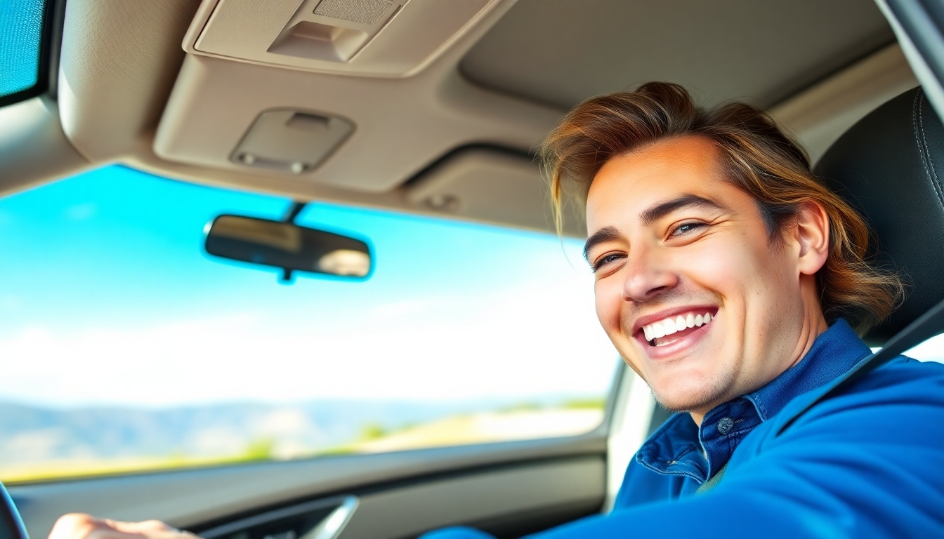 Smiling driver in a car on a sunny day.