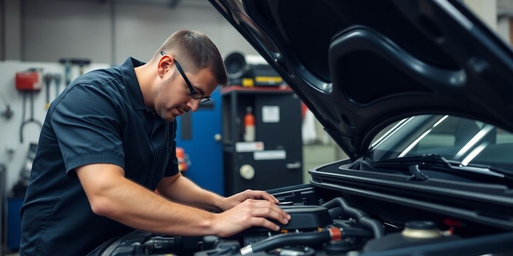 Reklamation in der Werkstatt: Mechaniker prüft Motor in Werkstatt.