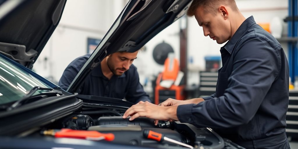 Mechaniker überprüft den Motor eines Autos.