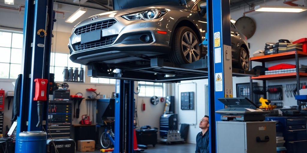 Werkstatt mit Auto auf der Hebebühne und Werkzeugen.