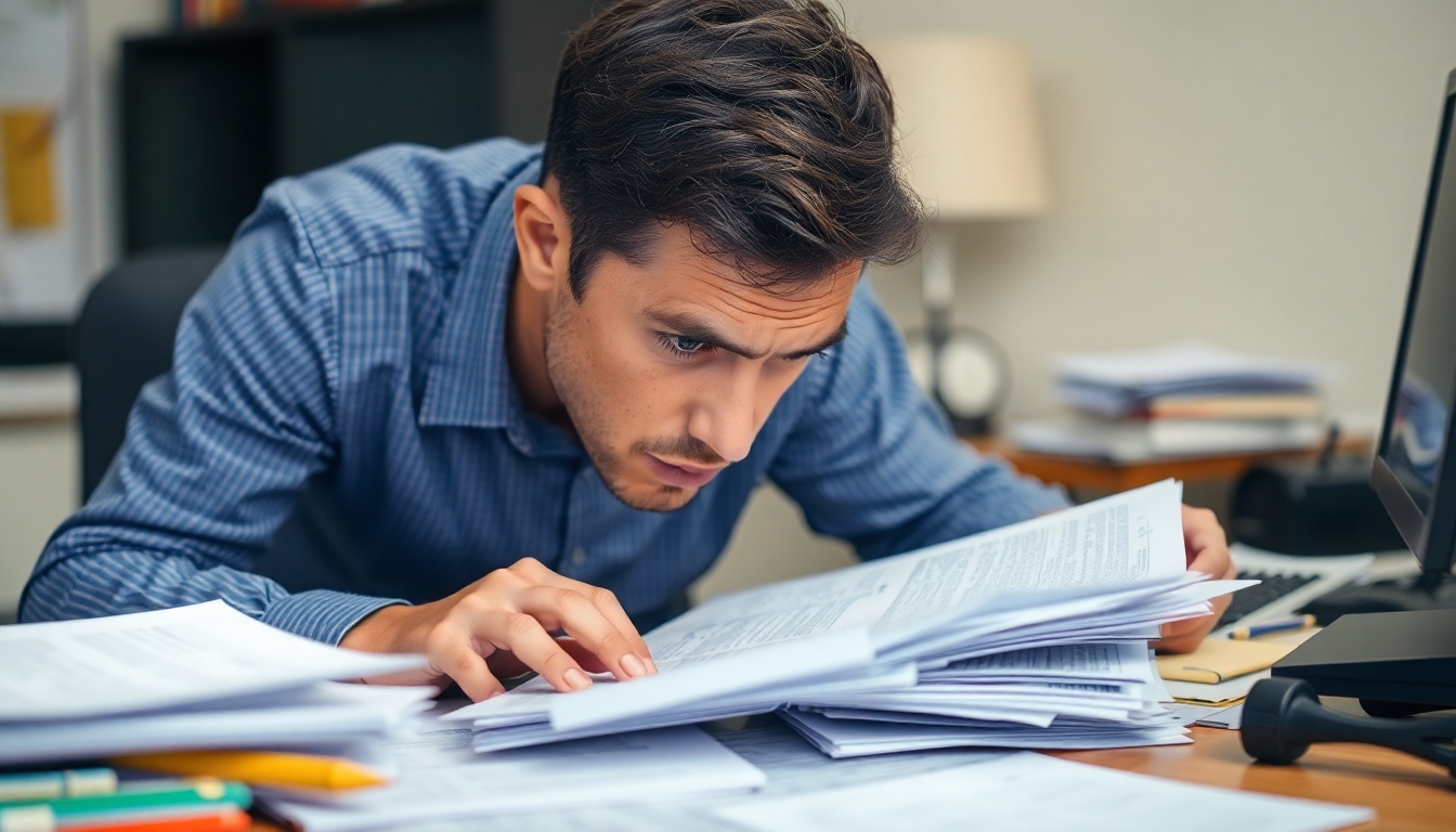 Man searching for vehicle registration documents on a desk.