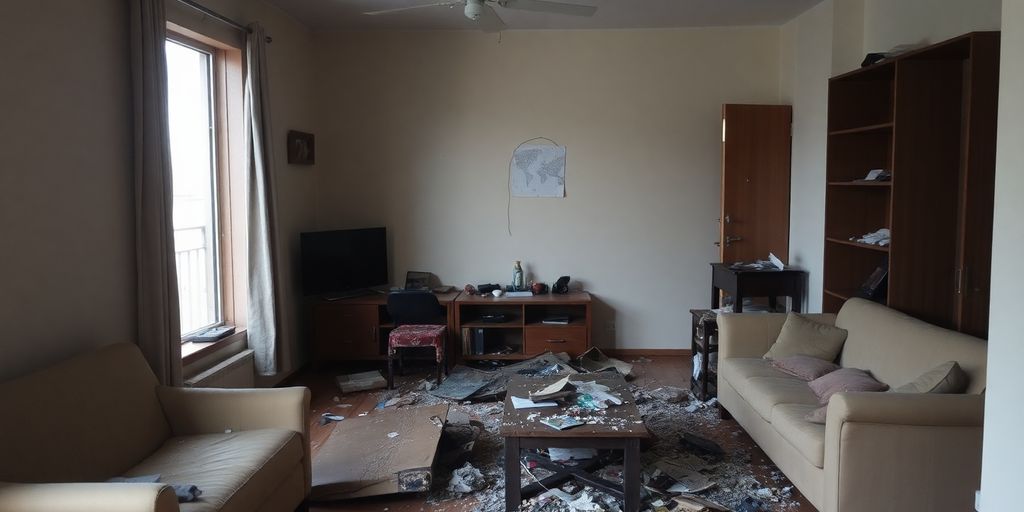 Zerstörte Wohnung mit beschädigtem Mobiliar und Schutt.