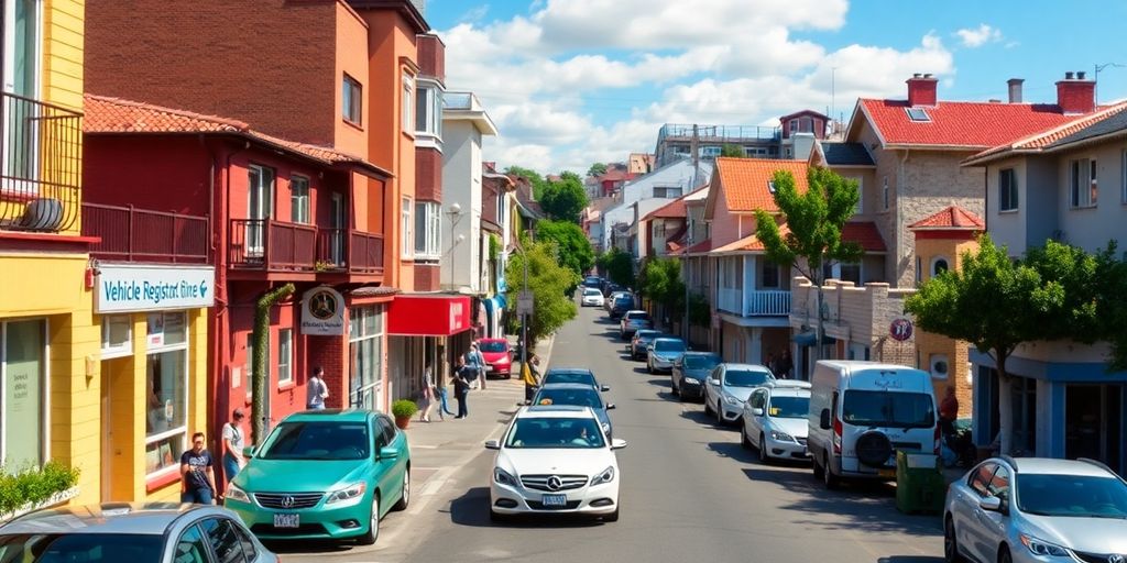 Zulassungsbezirk: Stadtansicht mit verschiedenen Fahrzeugzulassungsstellen und Nachbarschaften.