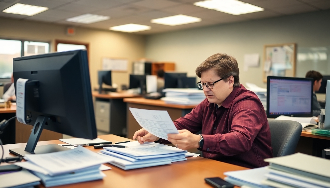 Zulassungsbezirk: Clerk working in an office on vehicle registrations.