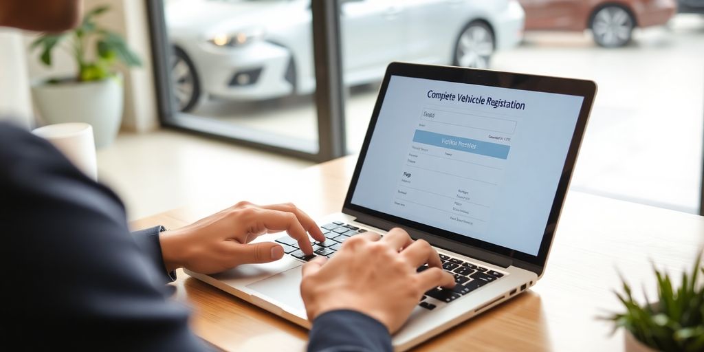 Person am Laptop zur Fahrzeugzulassung online.