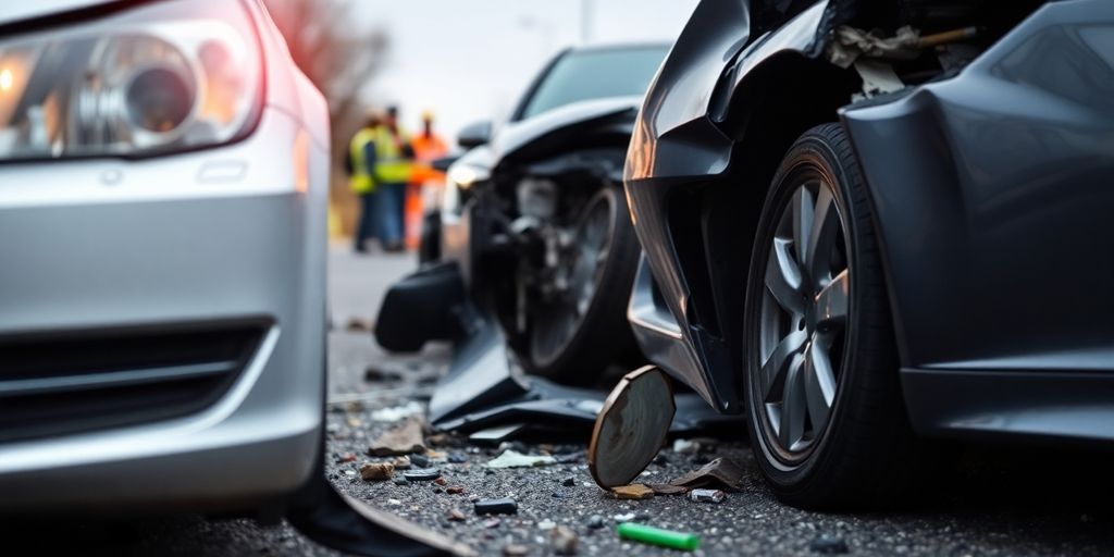 Unfallbericht: Unfallstelle mit beschädigten Fahrzeugen und Trümmern.