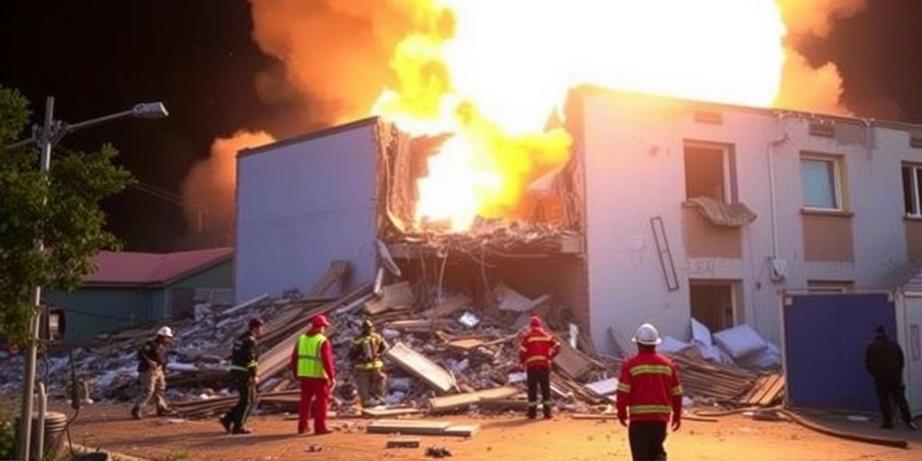 Explosion damage with debris and emergency responders.