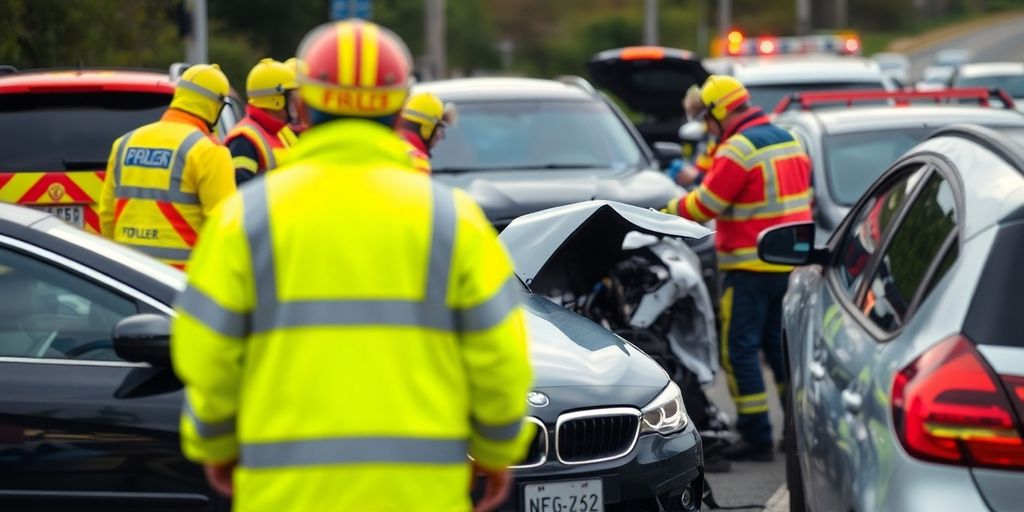 Unfallbericht: Unfall mit Rettungskräften und beschädigten Fahrzeugen.