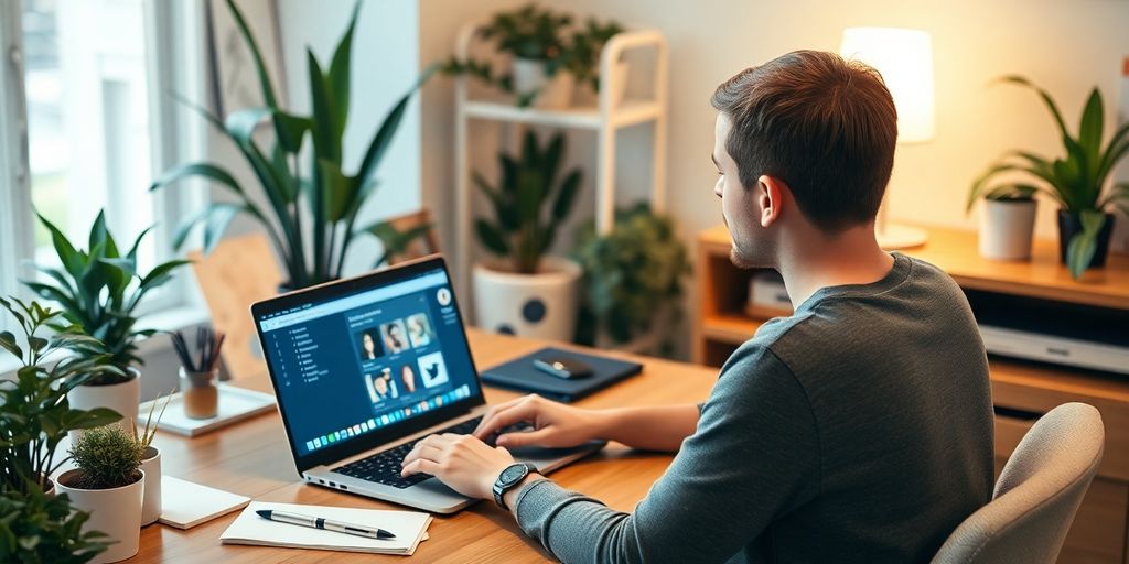 Person am Laptop, Adresse in sozialen Netzwerken aktualisieren.