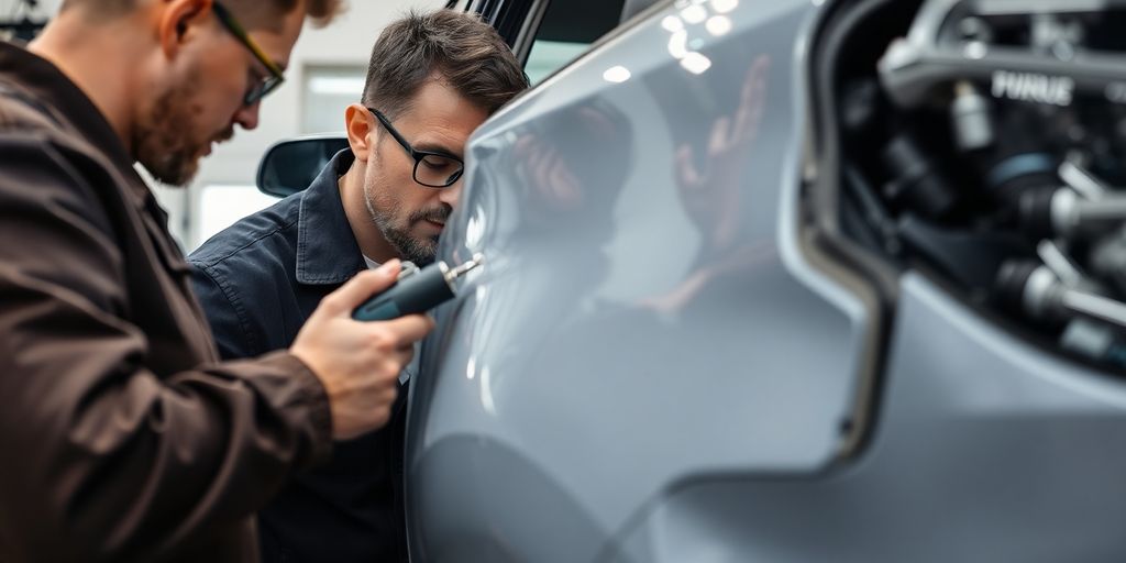 Sachverständiger für Kfz-Schäden in einer Werkstatt.