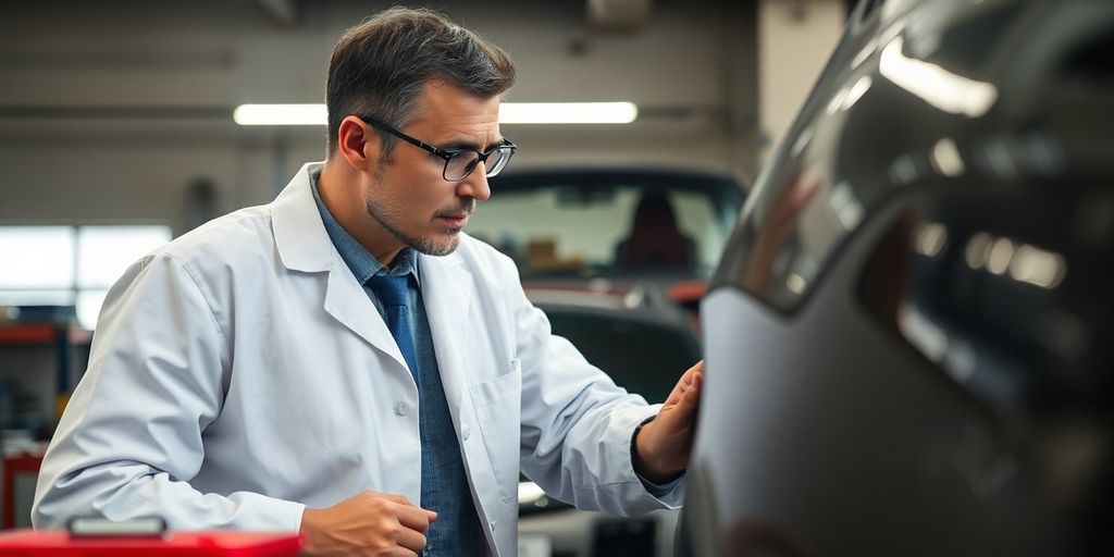 Sachverständiger für Kfz-Schäden untersucht Unfallauto