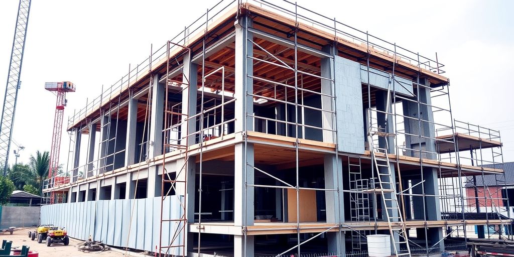 Construction site with digital blueprint overlay