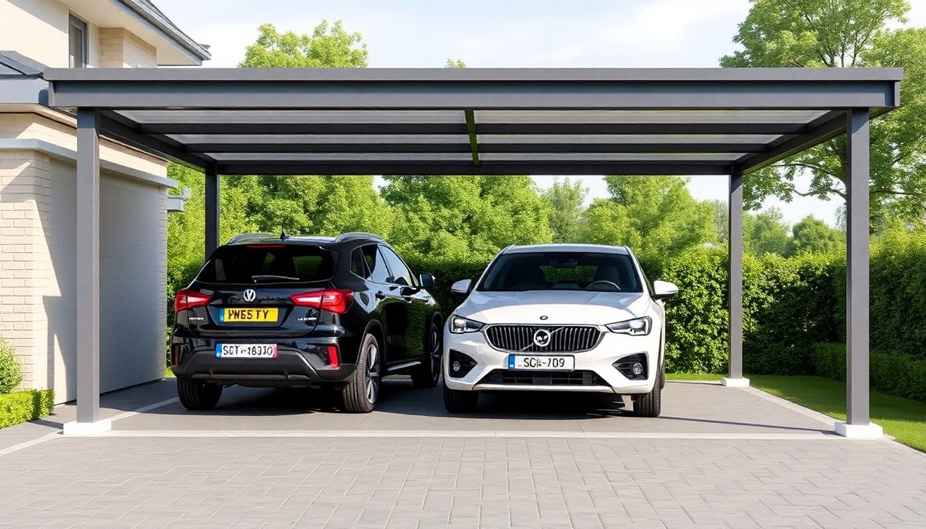 Two cars under a carport in a sunny setting.